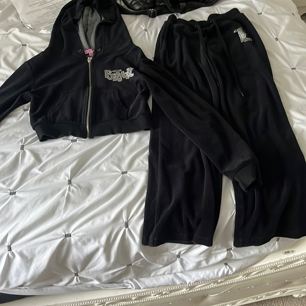 Dolls kill brats rhinestoned cropped black zip up + flared pants
